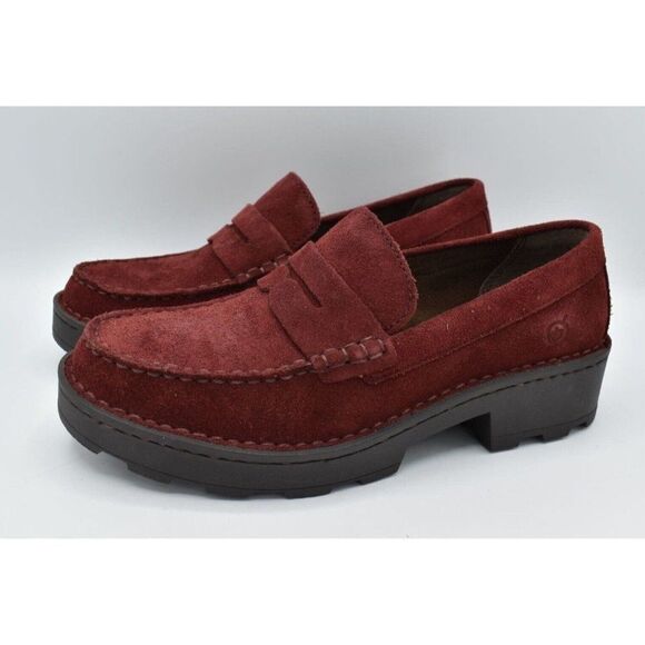 Born Women Size 7.5 Carrera Lugged Sole Burgundy Suede Slip On Penny Loafers